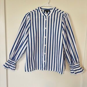 J.Crew Blue & White Striped Blouse Women’s Size S Ruffle Cuff/Puff Sleeve